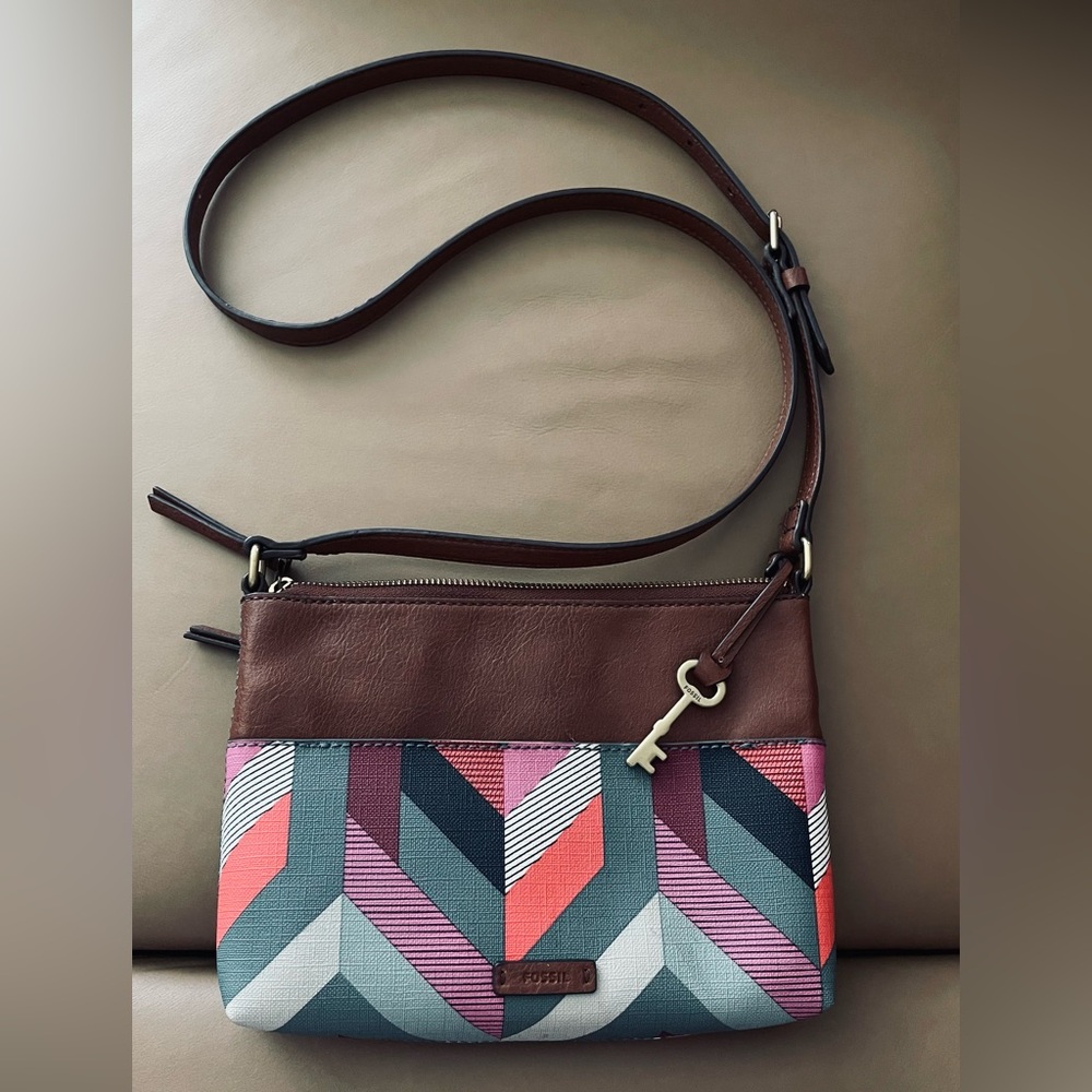 Fossil Fiona Geometric Leather Canvas Crossbody Bag